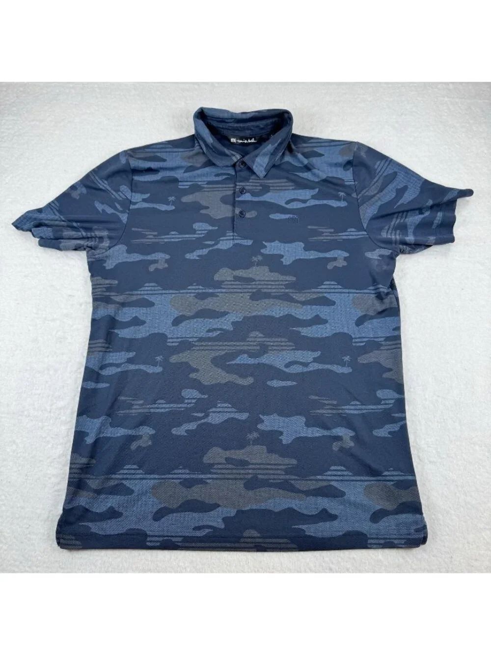 Travis Mathew Golf Polo Shirt Mens Large Blue Palm Tree Camo Soft Pima Cotton